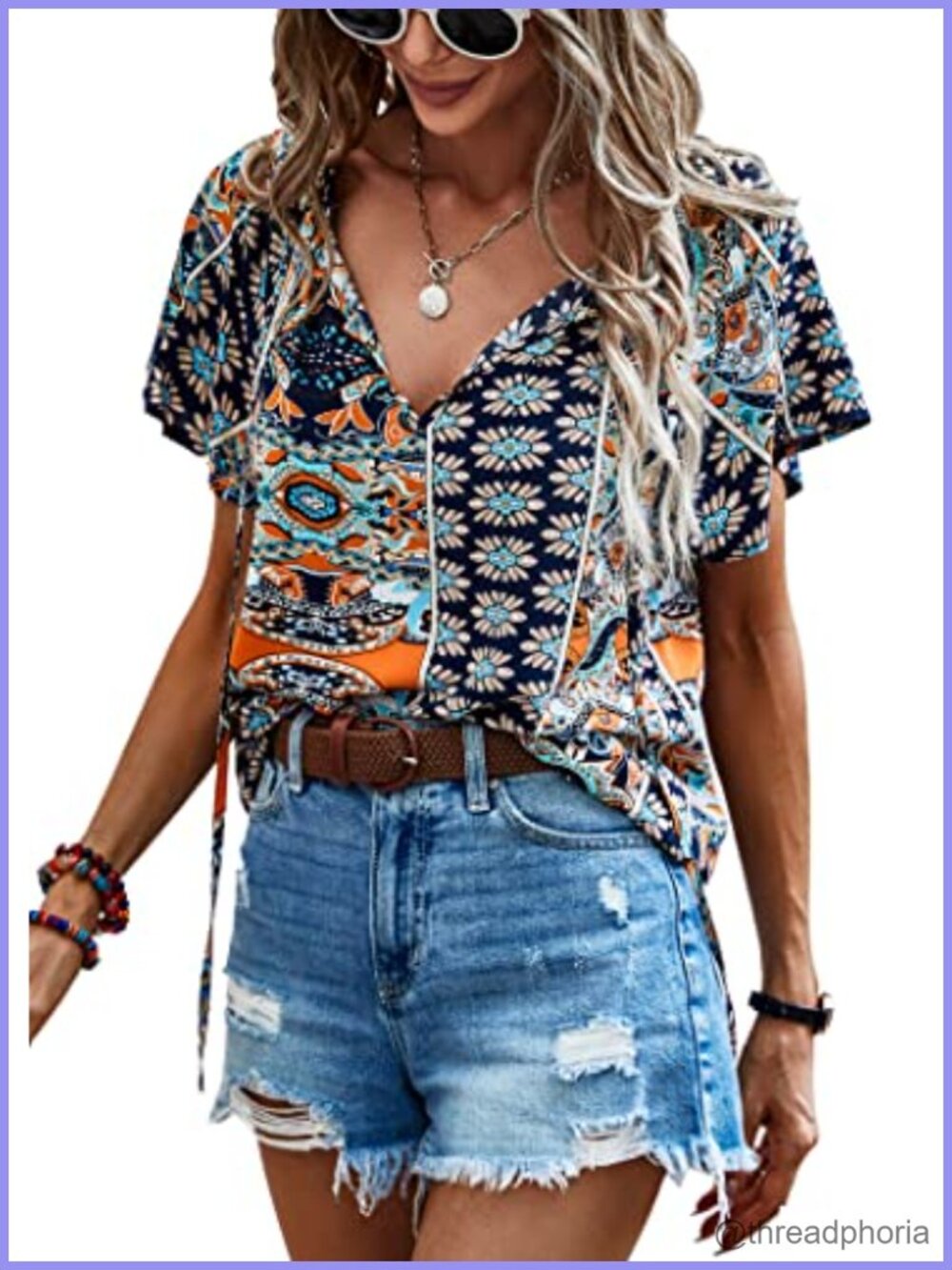 Women's Floral V Neck Ruffle Short Sleeve Loose Tunic T Shirt Blouse